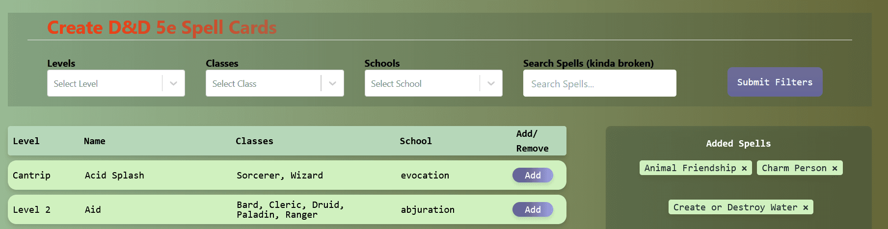Screenshot of the spell card app